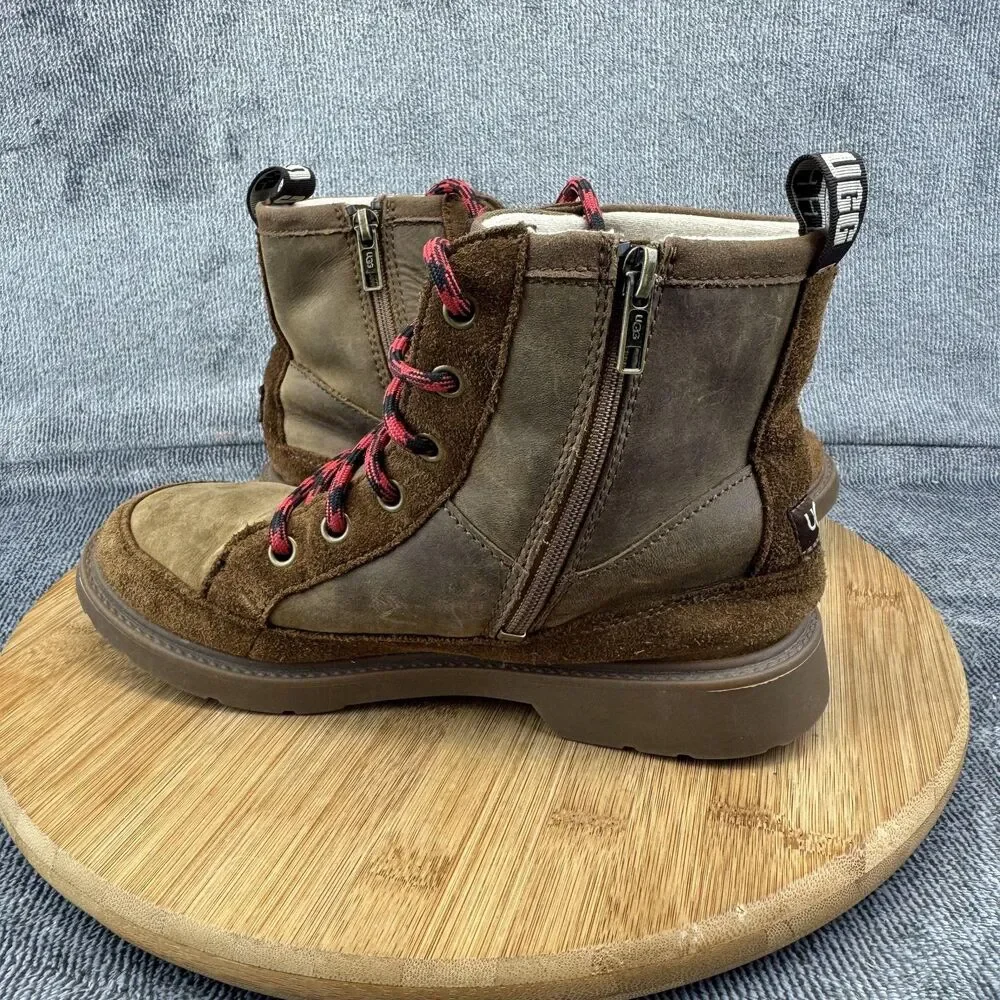 UGG Boots Youth Size 4 Brown Leather Suede Lace Up Side Zip Shearling Lined